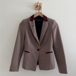 Zara Plaid Tailored Blazer XS Burgundy Elbow Patch Fitted Jacket
